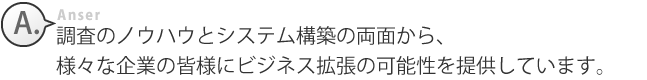 調査のノウハウとシステム構築の両面から、様々な企業の皆さまにビジネス拡張の可能性を提供しています。